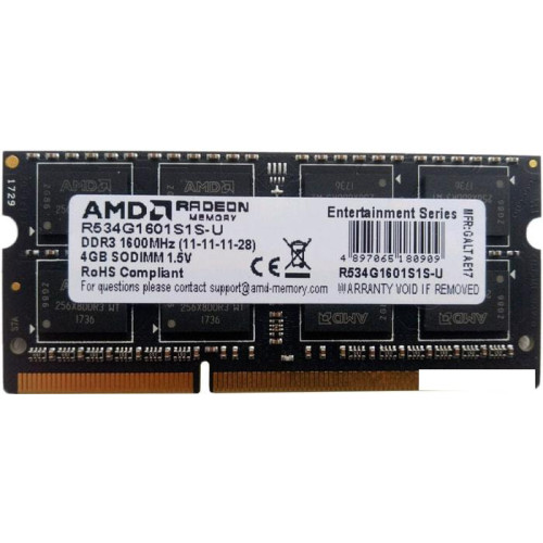 Оперативная память AMD Radeon R3 4GB DDR3 SODIMM PC4-10600 R334G1339S1S-U