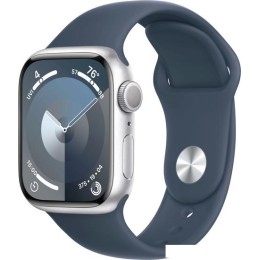 Умные часы Apple Watch Series 9 41 мм (алюминиевый корпус, серебристый/грозовой синий, спортивный силиконовый ремешок M/L)