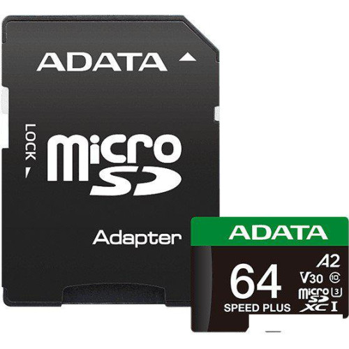 Карта памяти ADATA SPEED PLUS microSDXC 64GB UD64GUI3V30A2SP-RA1 (с адаптером)